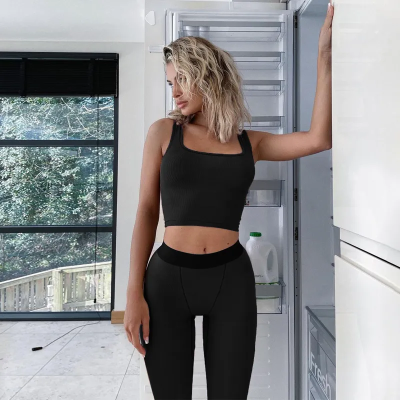 RIBBED THEATED WOMNAL 2 PITE SET GYM CROP TOP TOP LEGGINGS SET Casual Streetwear Спортивная спортивная костюма Summer Active Wear 220716