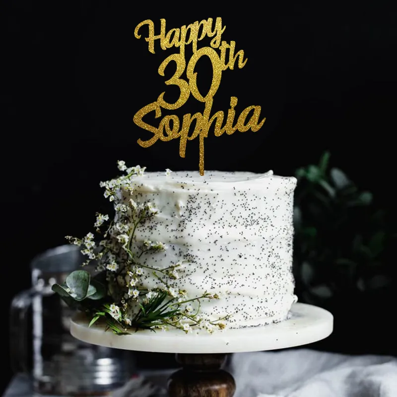 Nome personalizado e idade do bolo de feliz aniversário Topper Rustic Cake Topper para Anniversary Personalizado espelho de madeira Decoração de festa de ouro 220618