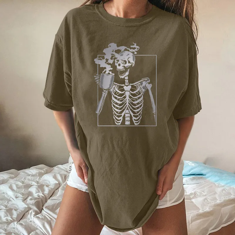 Harajuku damla omuz t-shirt kadın çay içme kafatası iskeleti komik tee yarım artı boyutu hip hop yaz punk elbise 220407