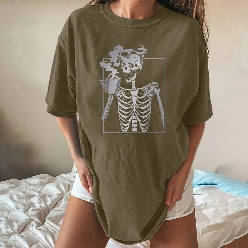 Harajuku Drop Schouder T-shirt Dames Tea-Drinken Skull Skeleton Grappige Tee Half Plus Size Hip Hop Zomer Punk Kleding 220407