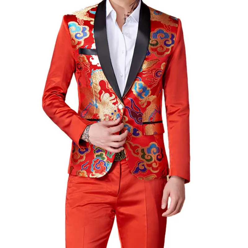 Mode hommes décontracté affaires hôte fleur costume manteau pantalon 2 pièces ensemble/hommes colorés Slim Fit Blazers veste pantalon 220504
