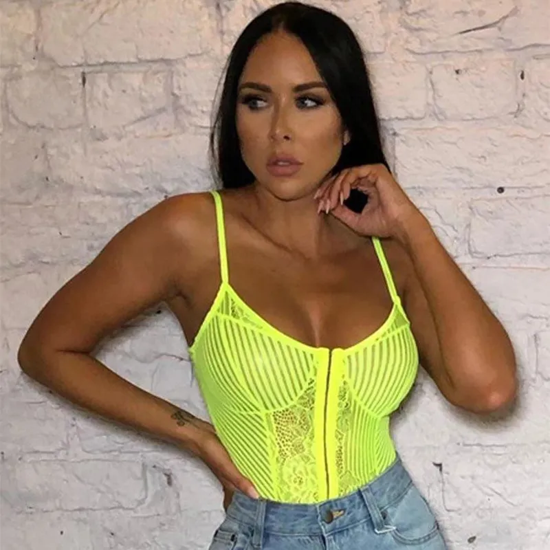 OMSJ EST Women Neon Green Orange Stripe Lace Bodysuit Sheer Sexig blommig broderi PlaySuit Night Out Outfits Party 220505