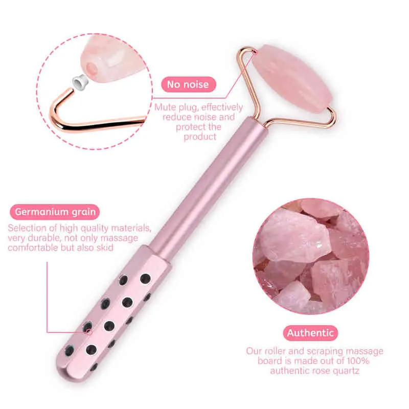 3in1 Nature Rose Quartz Jade Germanium Ball Rouleau de soins de la peau pour le visage et les yeux Réduire les rides Masseur avec Gua Sha Borad Masque Brush220429