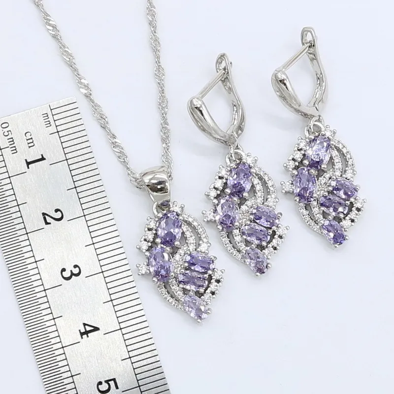 Ensemble de bijoux de dubaï pour femmes, collier en améthyste violette, pendentif, boucles d'oreilles, bague, Bracelet, boîte cadeau, 220725222D