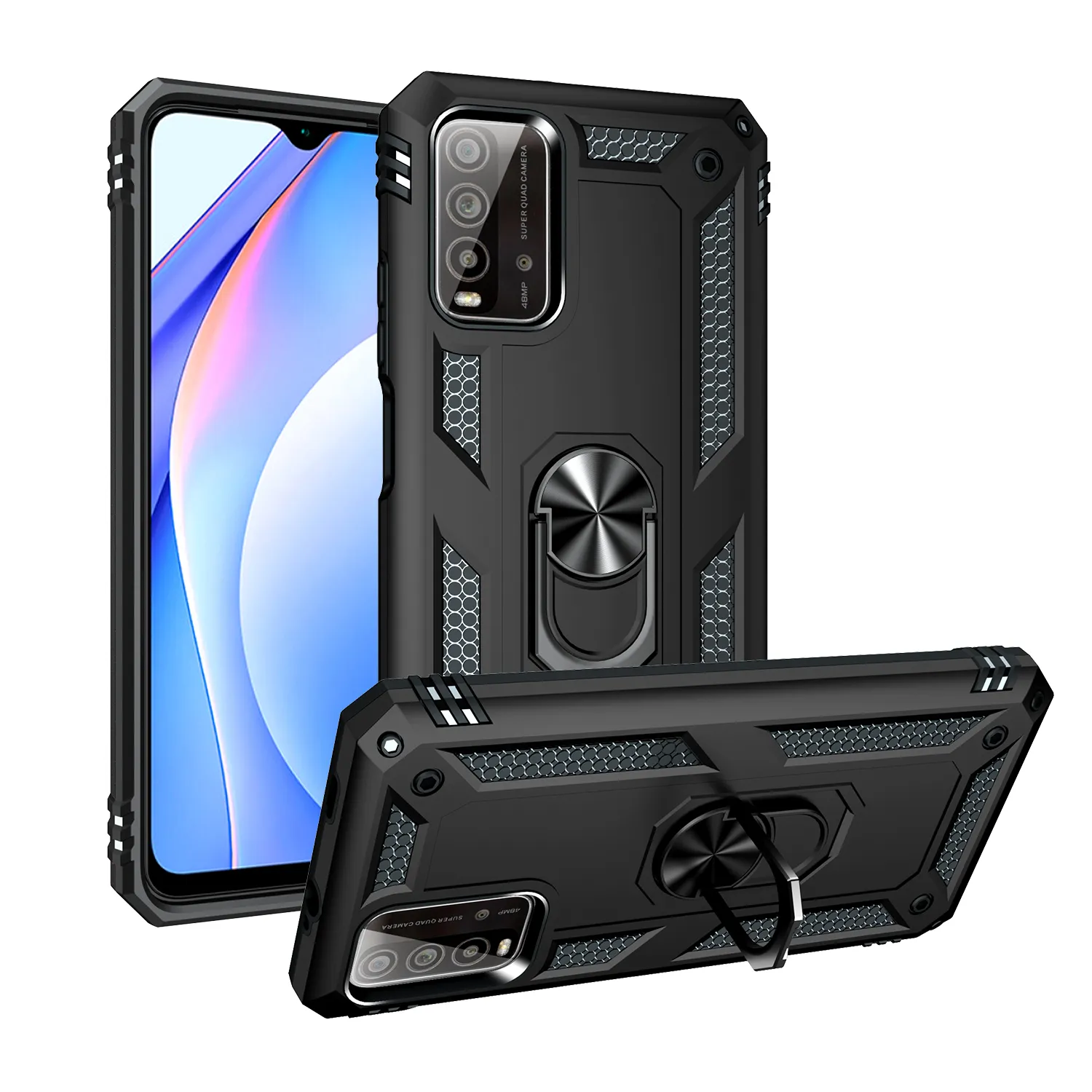 Coques blindées antichocs pour Xiaomi, compatible modèles Redmi 9T, 9 Power Note 9, 4g, Poco m3, avec anneau métallique magnétique en TPU + étui de protection arrière en PC