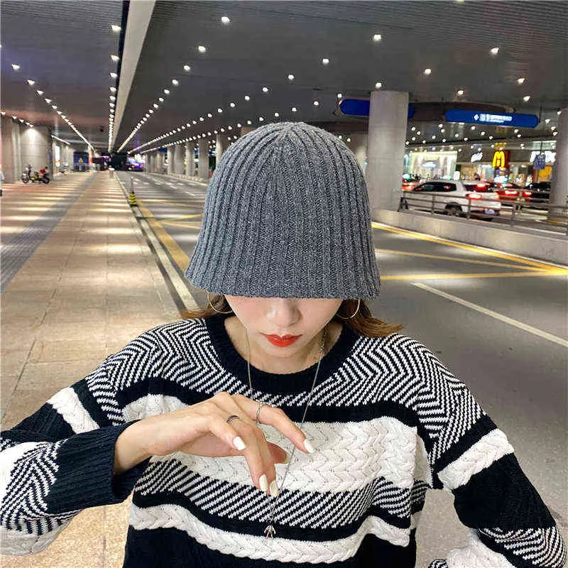 Automne et hiver version coréenne du chapeau de bassin sauvage chapeau de pêcheur en laine chaude de couleur pure chapeau de seau tricoté G220418