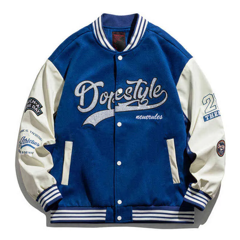 Yeni Bombacı Beyzbol Ceket Erkek Hip Hop Mektubu Nakış Patchwork Bahar Sonbahar Sokak Giyim Gevşek Sıradan Varsity Palto Çiftler T220728