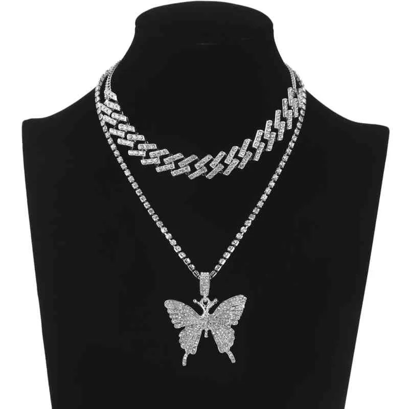 Cuban Link Butterfly Set Ice Choker Necklace Women Chain chocker Pendant Jewelry7975306