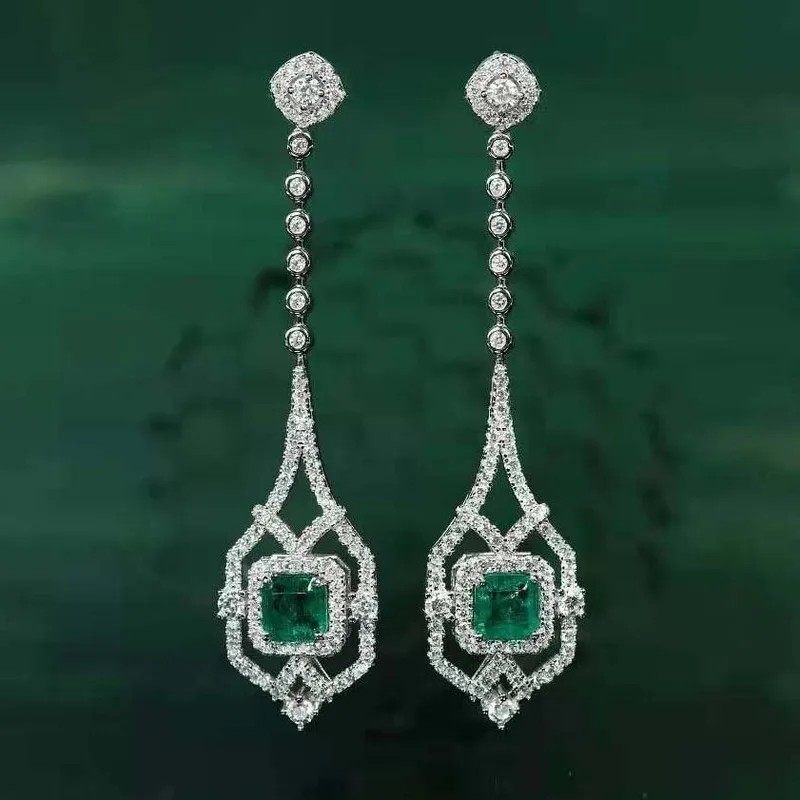 Ruzzallati Vintage Antique Lab Emerald Jewelry Silver Color Hollow Design Long Drop Earring for Women Danger Gift 220718