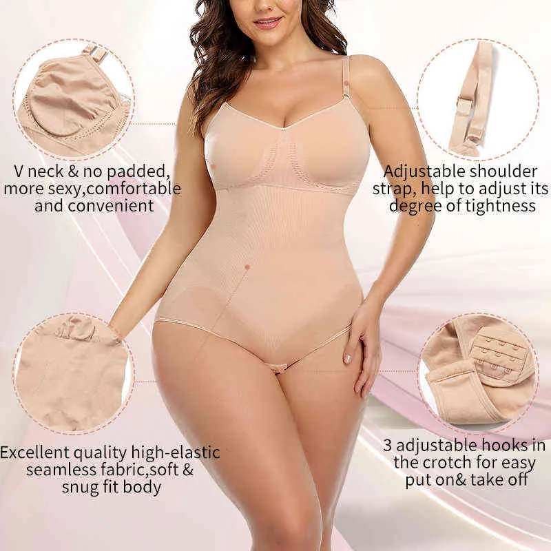 Kadınlar için Dikişsiz Shapewear Bodysuit Karın Kontrol Butt Kaldırıcı Vücut Şeytan Pürüzsüz Elbise Zayıflama İç çamaşırı L220802