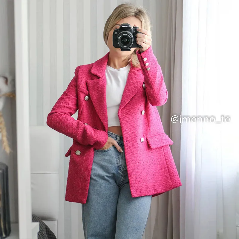 TRAF ZA&ree Woman Autumn Fashion Textured DoubleBreasted Blazer Jacket Casual Long Sleeve Outerwear Suit Coat 220726