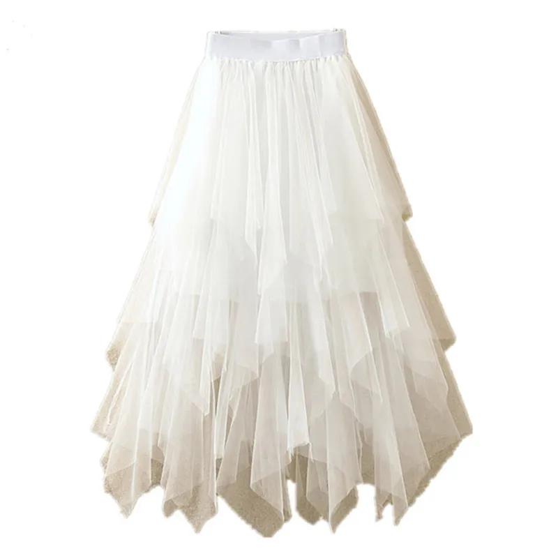 Tulle Skirts Faldas Mujer Moda Fashion Elastic High Waist Mesh Tutu Maxi Pleated Long Midi Saias Jupe Women's Skirt 220527