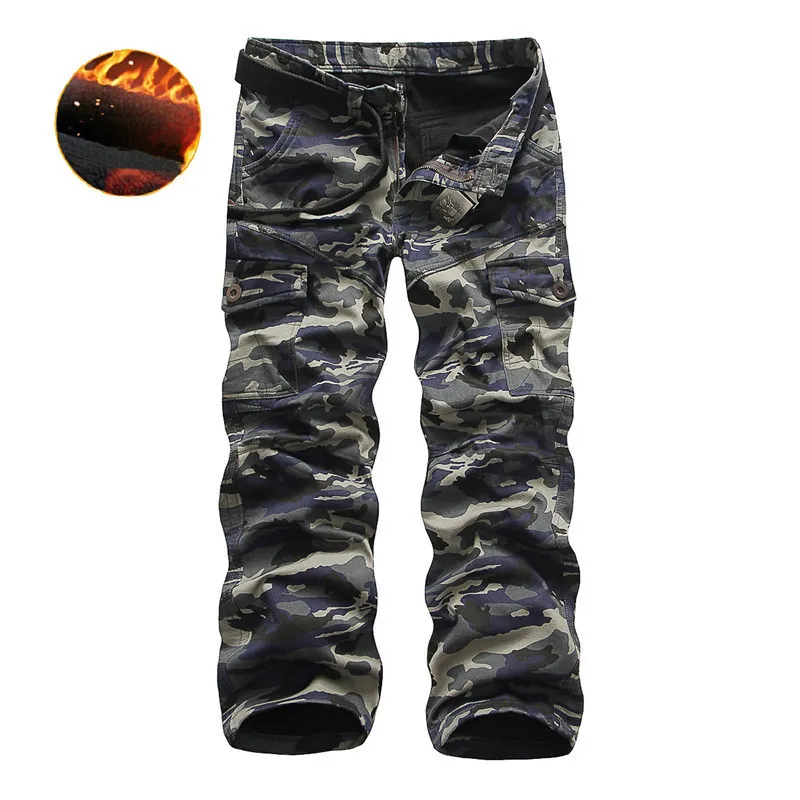 Fleece Cargo Byxor Män Casual Loose Multi-Pocket Byxor Vinter Militär Army Combat Camouflage Tactical Pant Male Clothing 220330