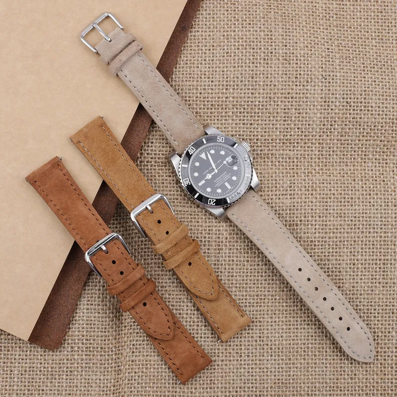Bande de montre en cuir en daim doux 18 mm 19 mm 20 mm 22 mm 24 mm Brunes Brown Watch Stracts en acier inoxydable Accessoires de montre 2205073057504