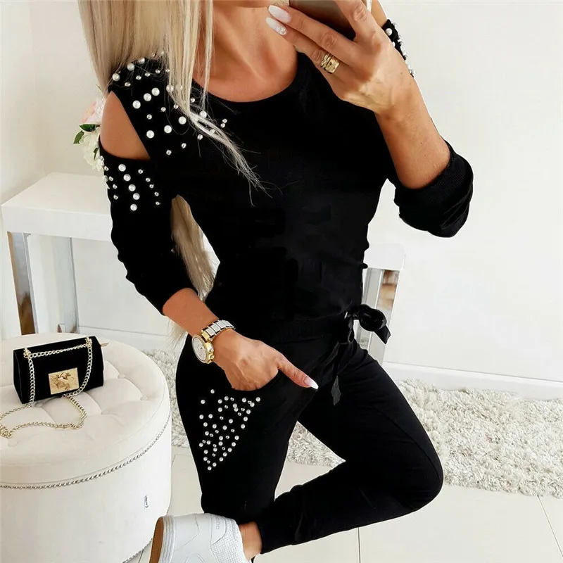 Survêtement Femmes Deux Pièces Ensemble Perles Décor Épaule Froide Haut À Manches Longues + Pantalon Jogger Costume Femme Casual Lounge Wear Tenues 220315