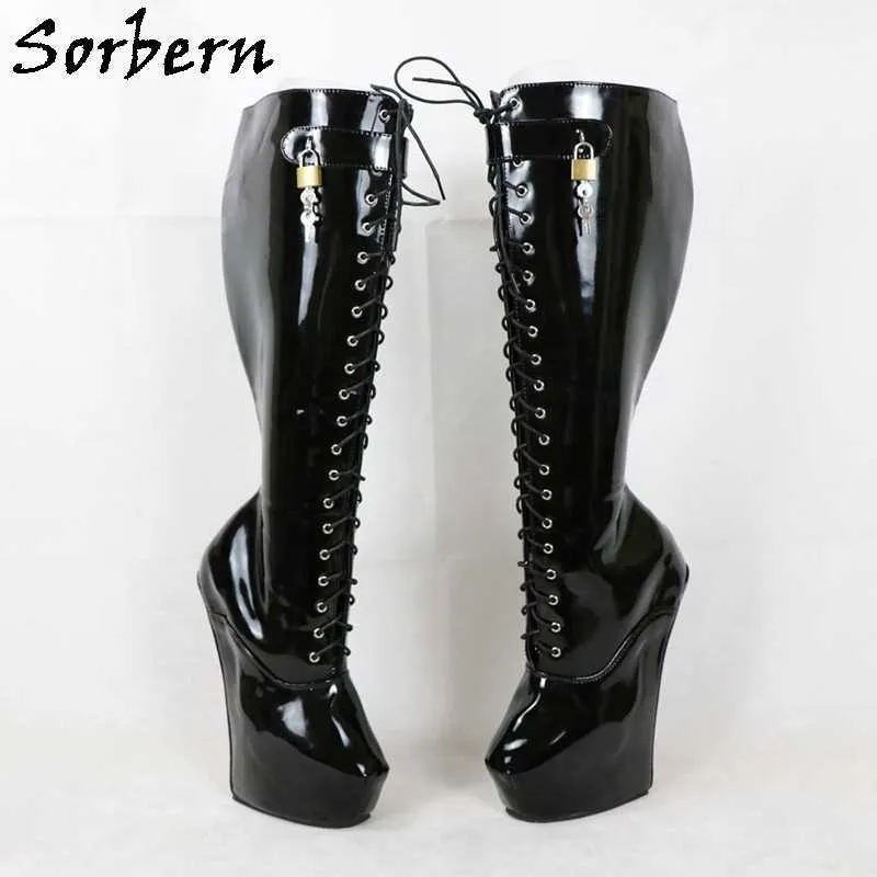 Sorbern bottes verrouillables femmes bottes à plate-forme épaisse 43 chaussures sans talon à lacets serrures personnalisées avec clé fétiche chaussures à talons hauts