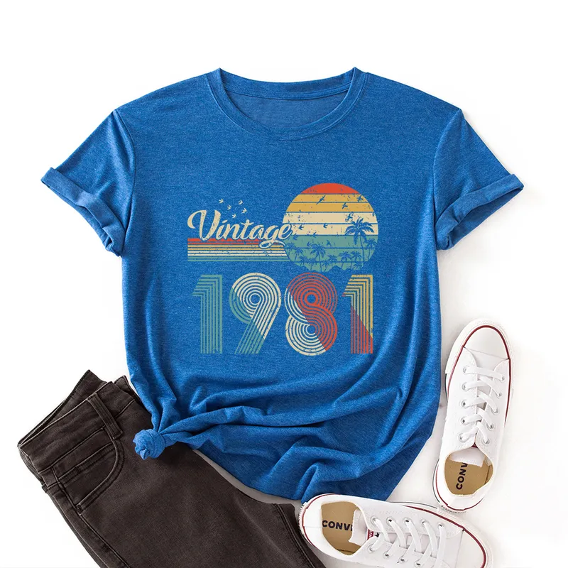 Vintage 1981 Koszula 40. urodziny Kobiety z krótkim rękawem Kolorowe Casual T-shirt Lato Graficzna Koszulki Kobiet ubrania Topy 220408