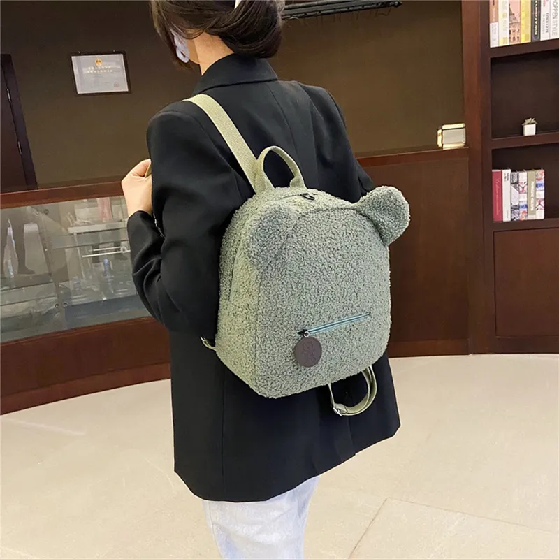 Crianças portáteis Viagem Compras Rucksacks Casual Autumn Winter Lambe Fleece Women s Bagpack Backpack de ombro em forma de urso 220630