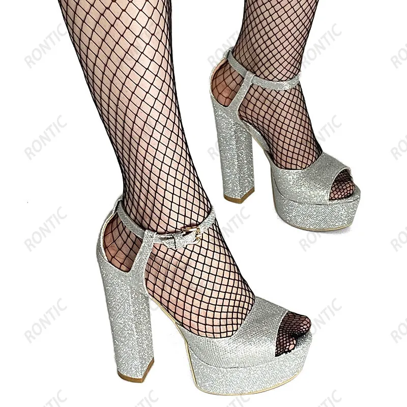 Rontic fait à la main femmes plate-forme sandales bride à la cheville paillettes talons épais Peep Toe magnifiques chaussures de fête en argent taille américaine 5-20