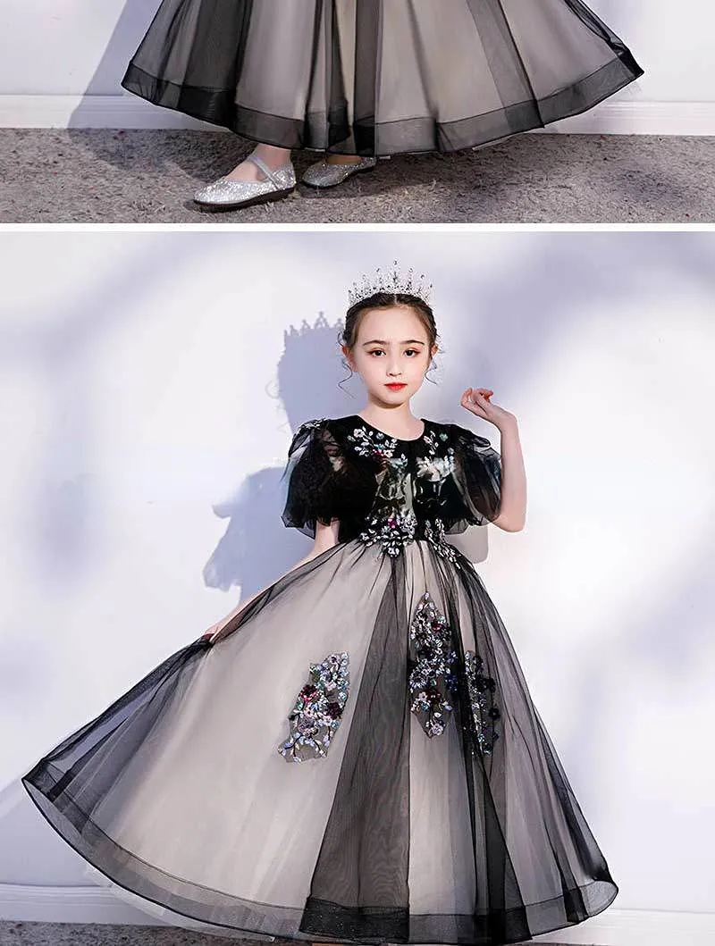 Högkvalitativ tjej Pageantklänningar Black First Holy Communion Dresses For Girl Tulle spetsbefäl Toddler Pageant Flower Girl Dress for Wedding and Birthday