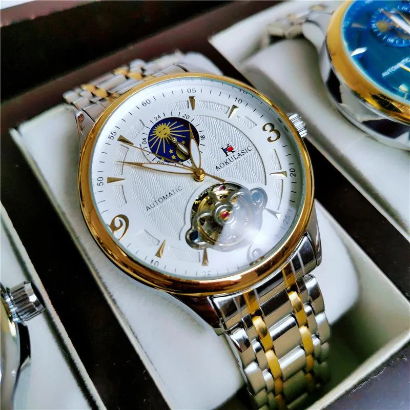 Armbanduhren Automatische Uhr Männer Goldene Wasserdichte Mechanische Armbanduhr Mondphase Casual Echtes Leder Tourbillon Uhr Montre239M