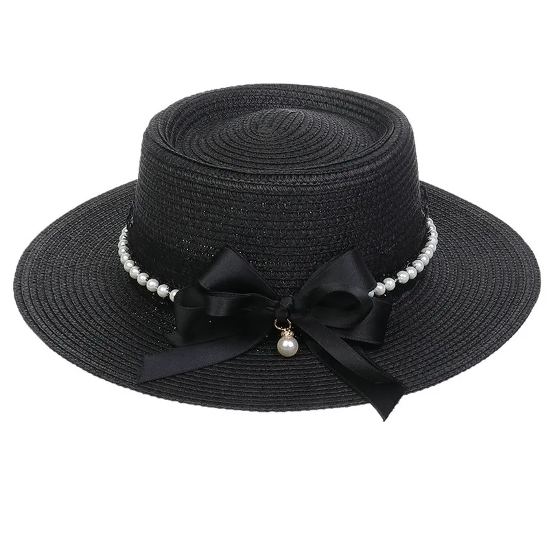 Cappello da donna in paglia Cappello Fedora a tesa larga con fiocco in pizzo nero Cappello da spiaggia Porkpie Cappello a tesa piatta con parte superiore piatta esterno