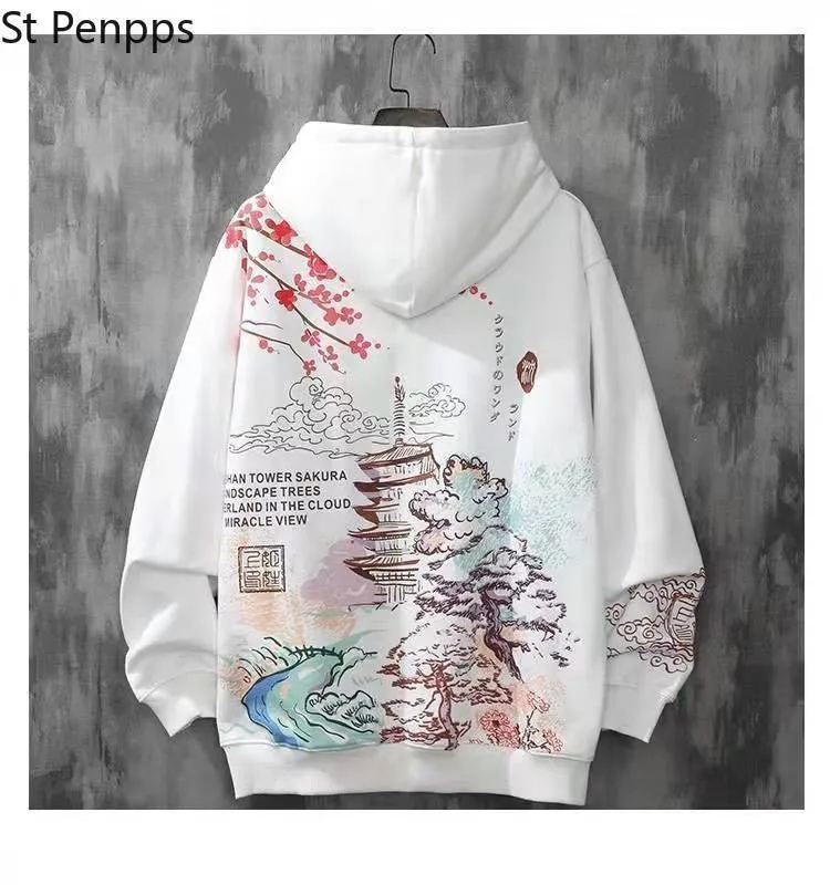 Anime Hoodies Tişörtü Çin Tarzı Erkekler Siyah Harajuku Büyük Boy Kazaklar Kadınlar için 220402