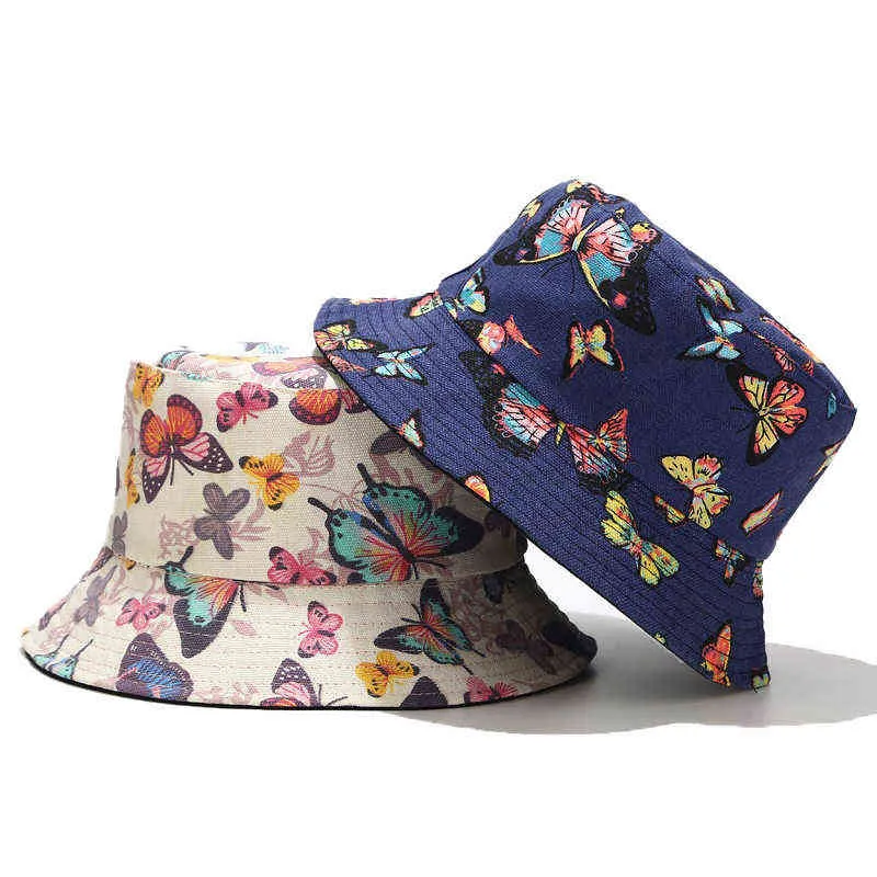 Plaża Czapka Bawełniana Wiadro Kapelusze Kobiety Butterfly Drukuj Sunscreen Panama Hat Sunbonnet Outdoor Podwójna strona Unisex Fisherman Kapelusz G220418