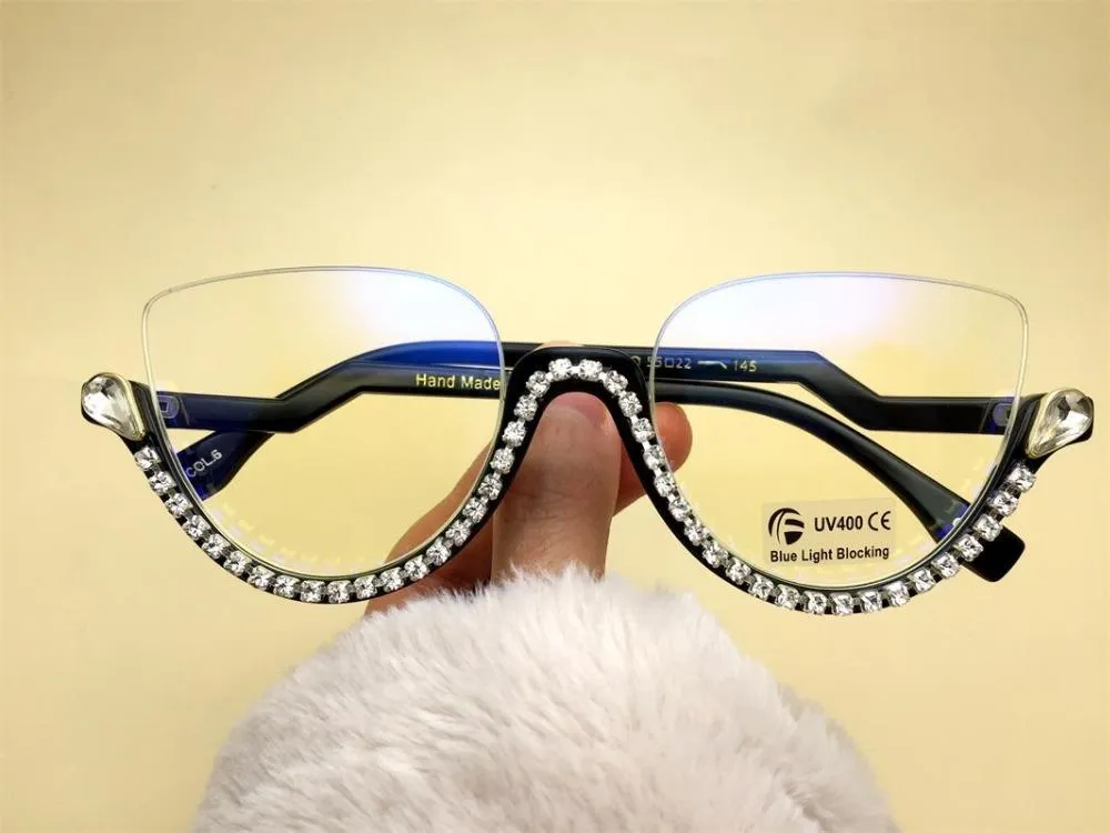 Solglasögon Clear Diamond Cat Eye Reading Glasses Women mode Anti Blue Light Half Frame Rhinestone Luxury Designer Eyeglasses 3S225P