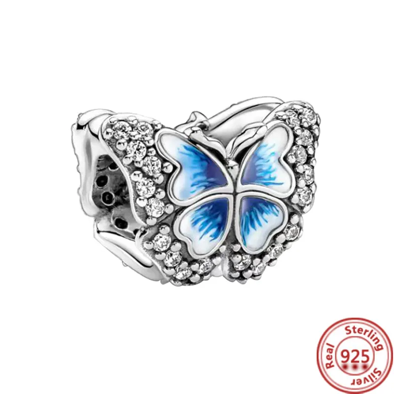 925 Argento Fit Pandora Charm 925 Bracciale Blu Farfalla Fiore Trifoglio Pulcino Pavimenta Perline scintillanti Set di ciondoli Ciondolo Fai da te Perline fini Gioielli