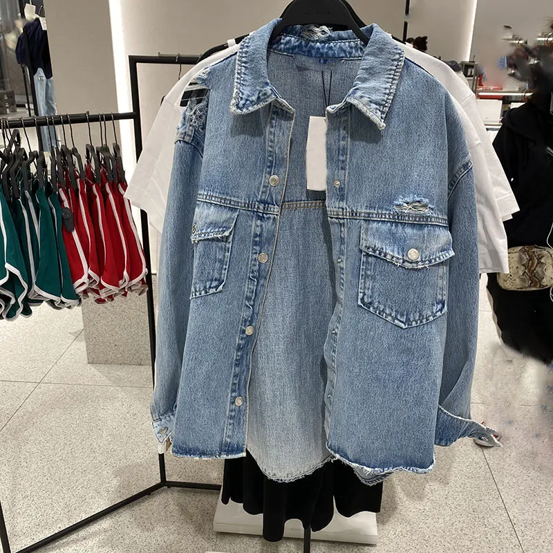 CNlalaxury Spring Autumn Women Ripped Denim Cool Jacket Fashion Casual Loose Pocket Buttons Blouses Oversize Shirt Coat 220815