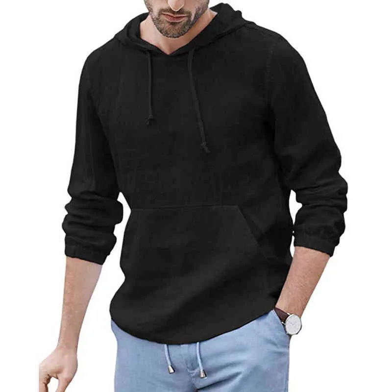 Herrtröjor Autumn Hooded Solid Cotton Linen Lång ärm Sweatshirt Män toppar Casual Loose Breattable Sports Male Sweatshirts L220730