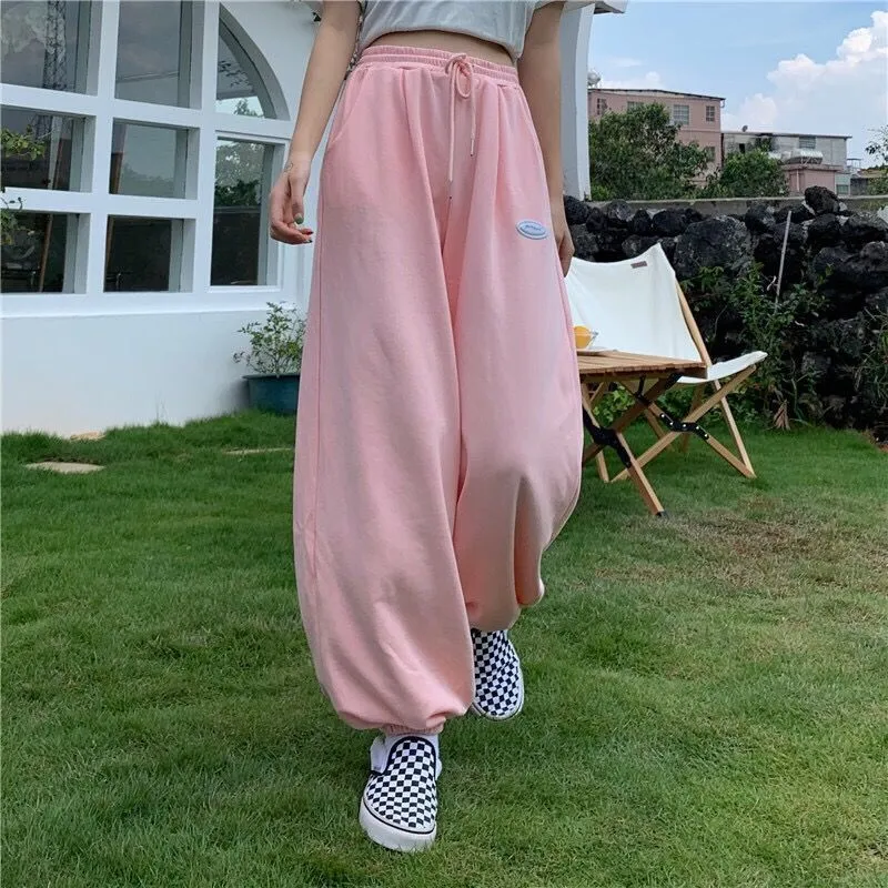 HOUZHOU pantalon rose à jambes larges été Hip Hop Streetwear surdimensionné sport mode coréenne Joggers femmes ample taille haute pantalons de survêtement