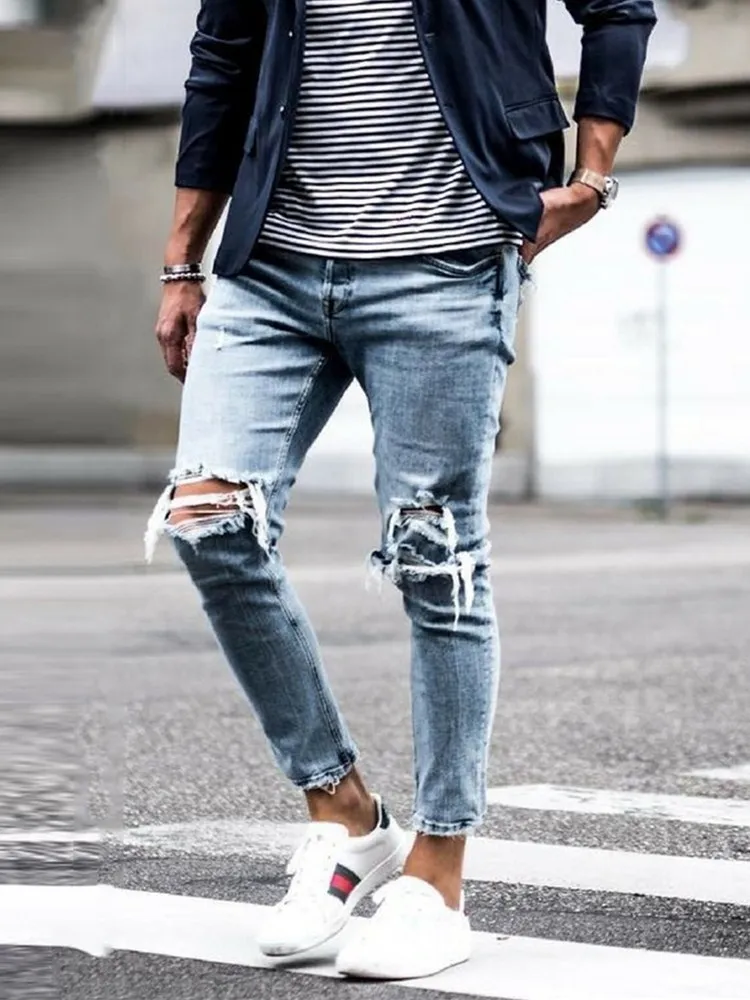 Streetwear knä rippade magra jeans för män hiphop mode förstörda hål byxor solid färg manlig stretch denim byxor 220408