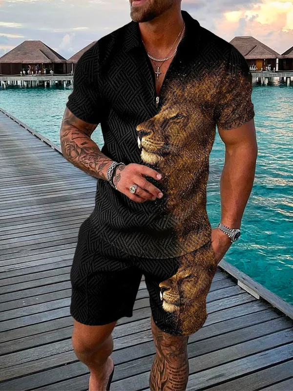 Men's Tracksuit Printing Short Sleeve Zipper Polo Shirt Shorts Set for Men Oversized Casual Streetwear Creative pattern Men Sets 220607