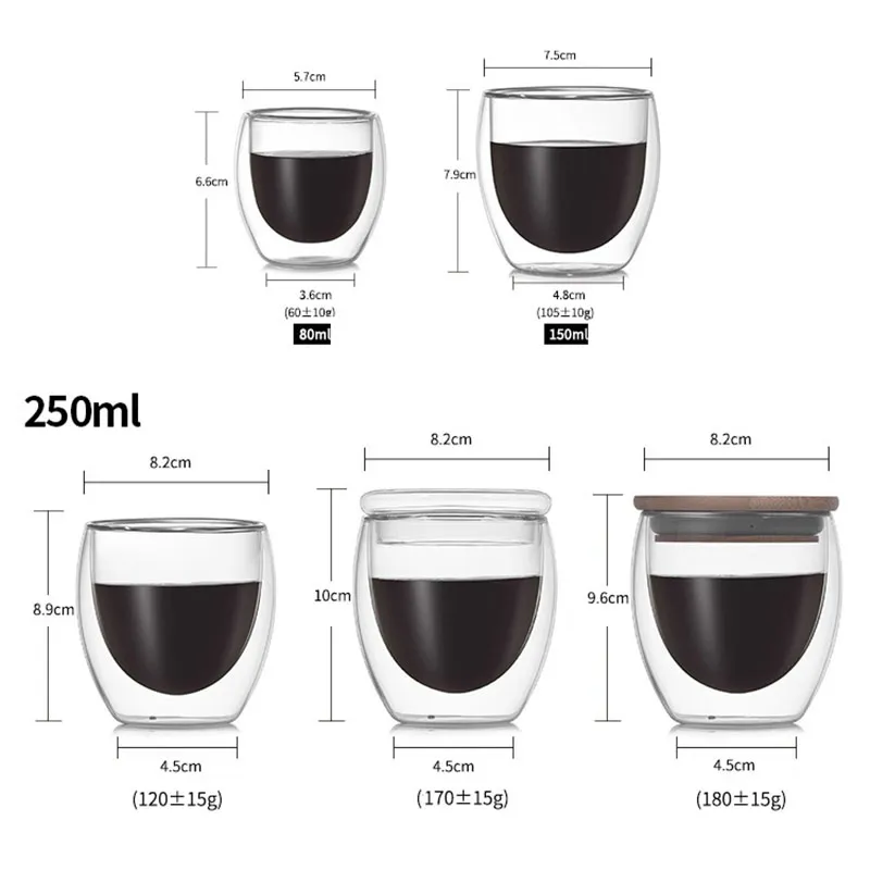 JANKNG Set di tazze in vetro a doppia parete resistente al calore 80-250-350-450ml Tazze da caffè birra Boccale bevande fatte a mano Tazze da tè Bicchieri trasparenti Coffeware