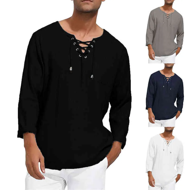 Camicie larghe da uomo nuove T-shirt a maniche lunghe in cotone Henley T-shirt medievale con lacci o collo Top da esterno Camicetta casual di marca di moda Y220426