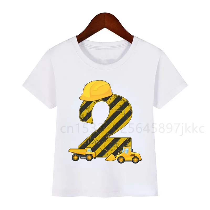 Детская мультфильм экскаватор строительный автомобиль бульдозер кран номер день рождения номер печать печатная футболка для мальчика девочка Funny Giftt рубашка 220620