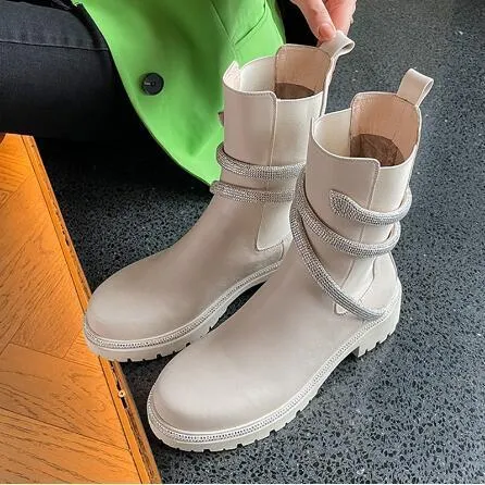 Laat zwart wit bling kristal s slang kruis kruisen 40 mm enkel laarzen vrouw rond teen casual slip op Chelsea martin booties 220810