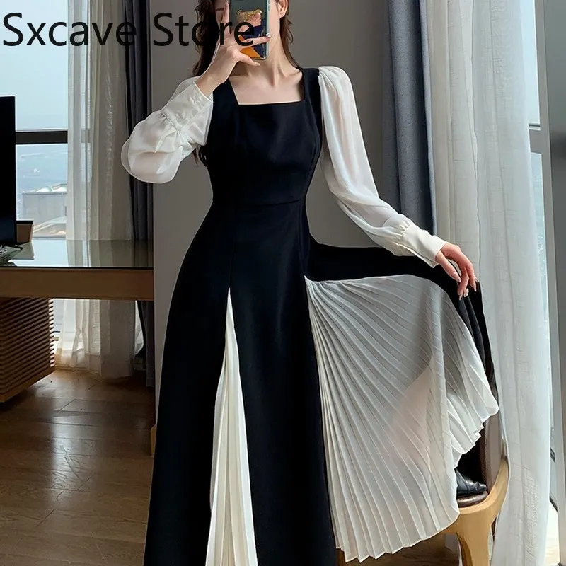 Офисная дама черные элегантные драпы французские винтажные MIDI платье повседневная партия платье корейской моды осень шики 220423