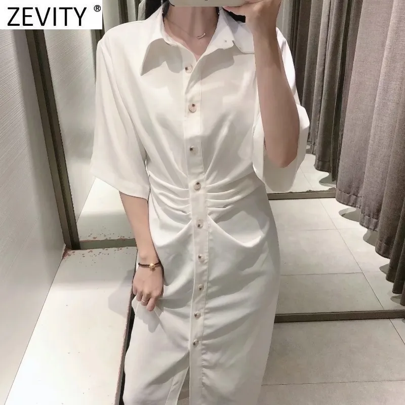 Zevity Mulheres Chic Fashion Buttonup Drapeado Midi Camisa Vestido Vintage Manga Curta Zíper Lateral Vestidos Femininos Vestidos DS8602 220527