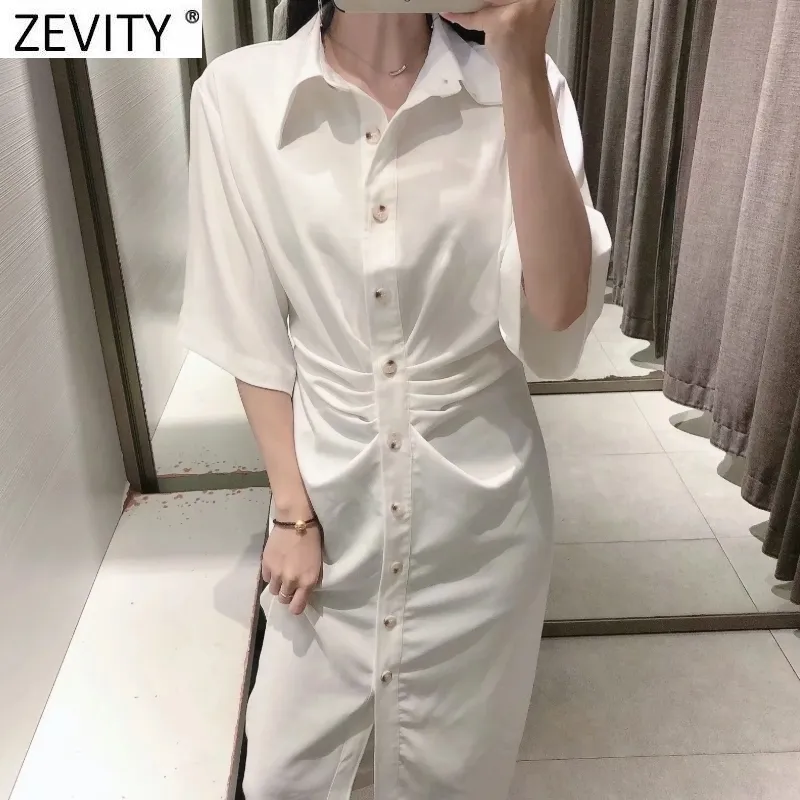 Zevity женское шикарное модное драпированное платье-рубашка миди на пуговицах винтажное с коротким рукавом на боковой молнии женские платья Vestidos DS8602 220527