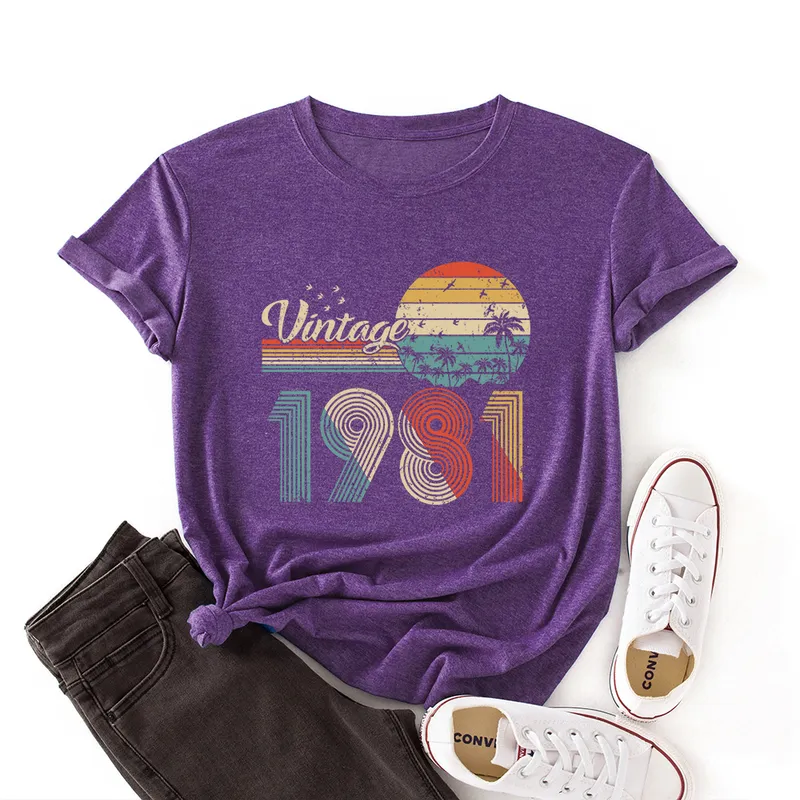 Vintage 1981 Shirt 40th Birthday Vrouwen Korte mouw gekleurde casual t-shirt zomer grafische T-shirts vrouwelijke kleding tops 220514