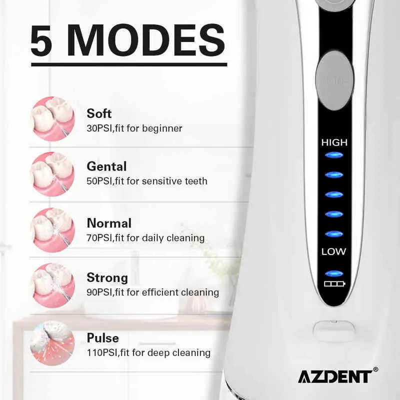 Azdent 5 모드 경구 관개기 240ml 물 치과 치아 치아 클리너 5 노즐 제트 USB 충전기 가방 220510