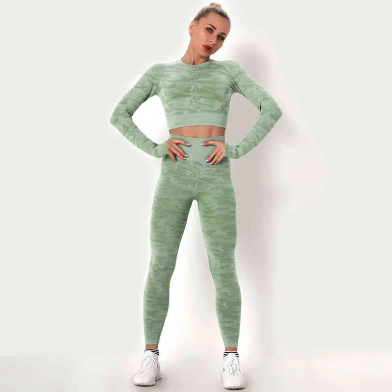 Neue Nahtlose Camouflage Anzug Yoga Zwei Stück Set Frauen Gym Selbst Wachsende Workout Fitness Übung Kleidung Für J220706