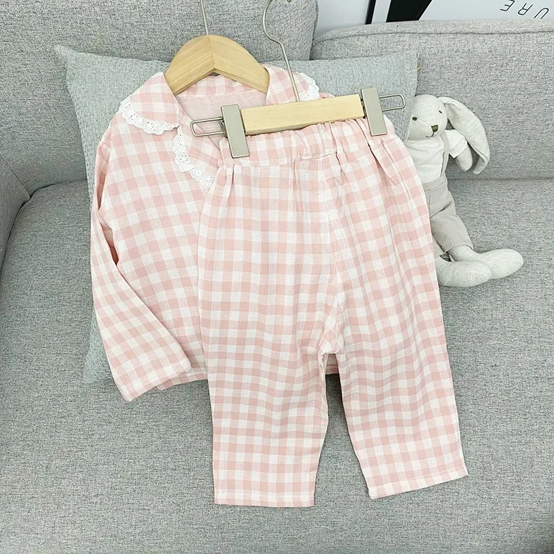 Baby Girl Plaid Pajamas Clothes Set Cotton Coat Pant Spring Autumn Infant Toddler Child Lounge Suit Baby Home Suit 1-10Y 220706