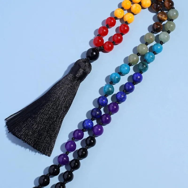 Anhänger Halsketten Showboho 108 Mala Perlen 7 Chakra Halskette 8mm Schwarzer Onyx geknotet Meditation Yoga Gebet Rosenkranz für Männer und Frauen2796