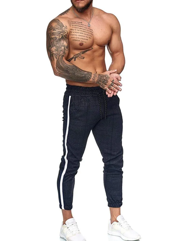 Pantalon à rayures pour hommes Casual Loose Pencil Slim Fit Plaid Side Skinny Jogger Haute Qualité 220719