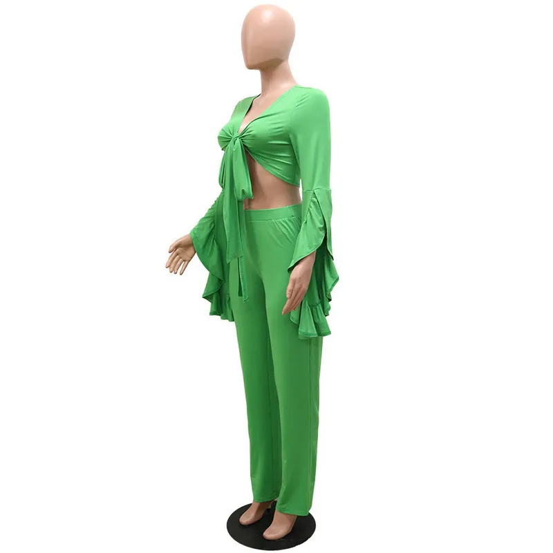 Summer 2 peças Define mulheres roupas roupas de babados verdes Blouse Long Troushers Moda Elegante Diário Desgaste Femme Combation Conjuntos 220511