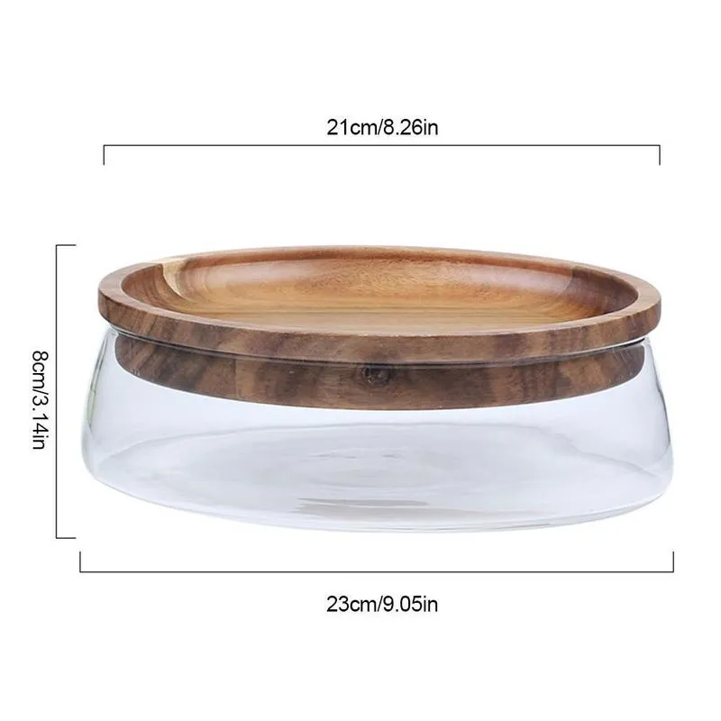 Glass Bowl with Wood Plate Fruit Nut Dried Storage Box Container Candy Storage Box Fruit Tray With Wooden Lid For Home Kitchen 220307